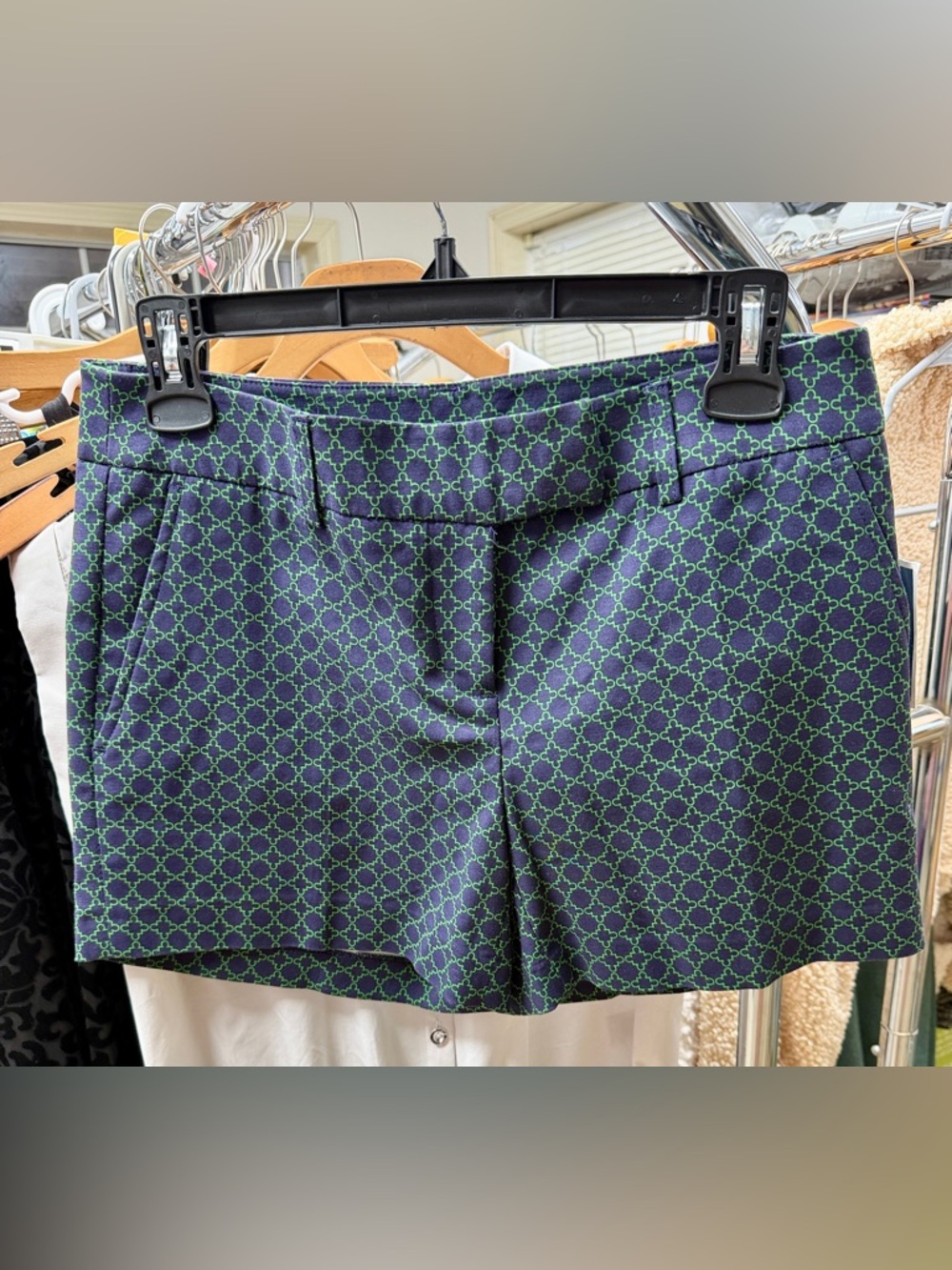 Kenar 3” Cotton Shorts with Navy & Green Geometric Print - NWT